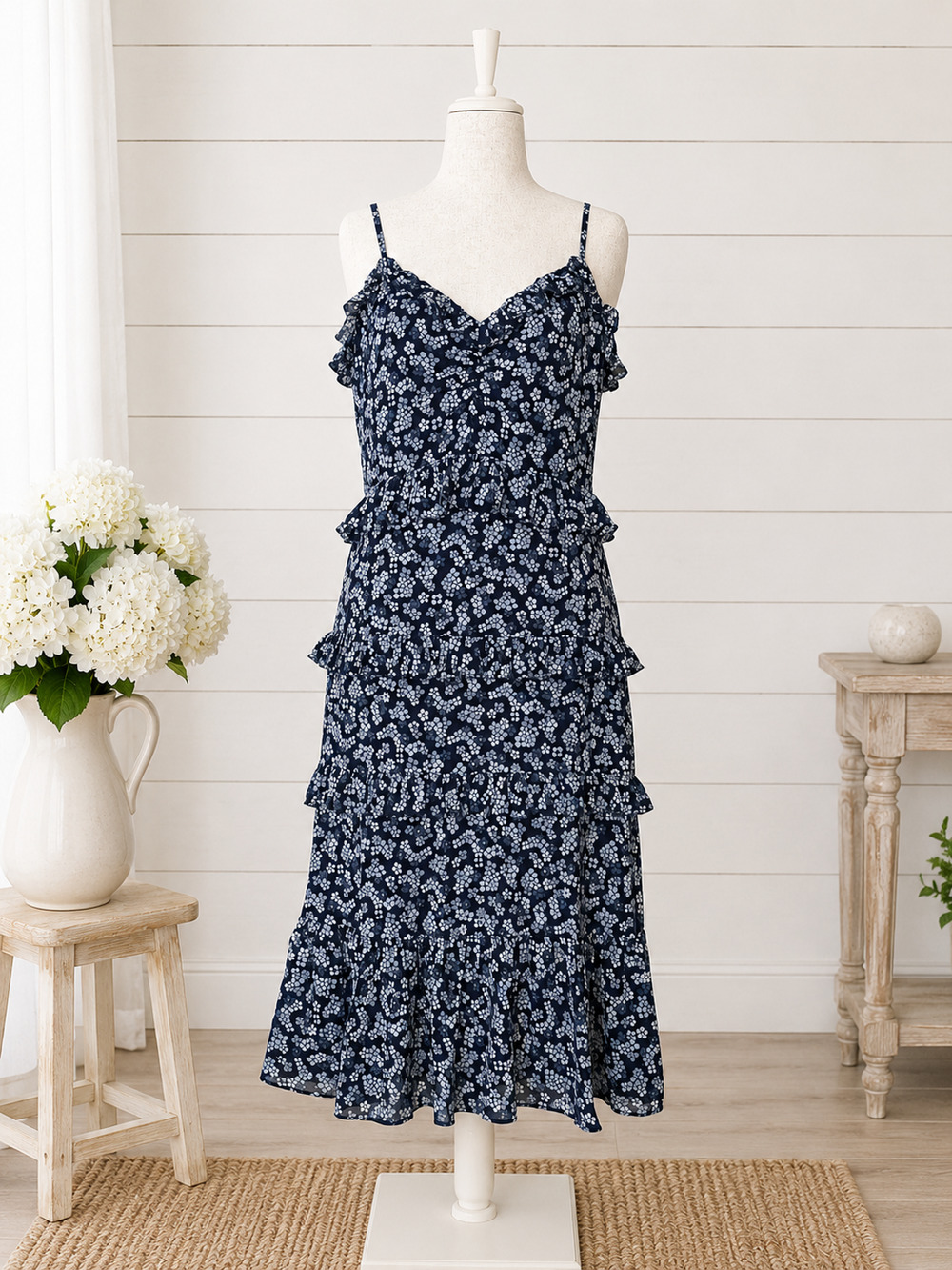 Michael Kors Floral Tiered Midi Dress Size L NWT Navy Blue Ruffle Chiffon Lined